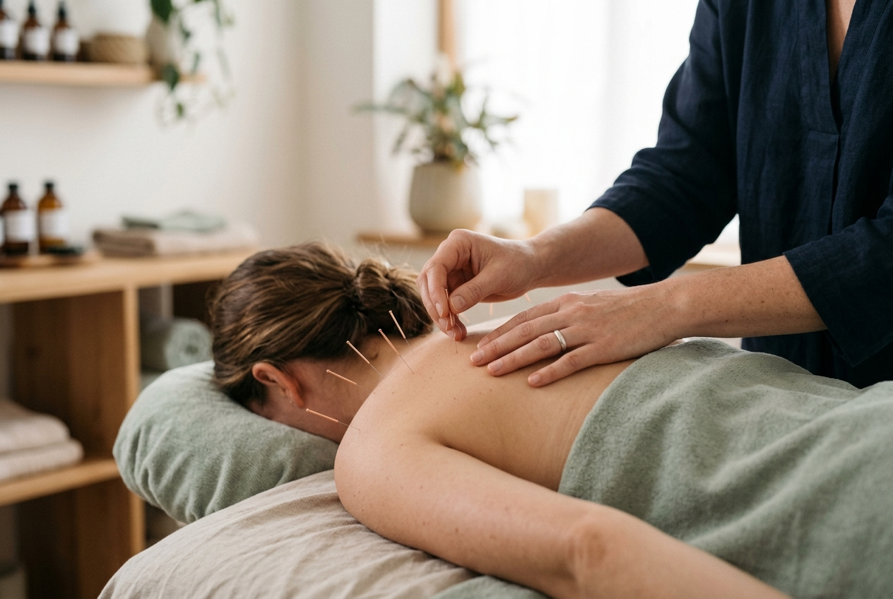 Acupuncture treatment on a patient's upper back