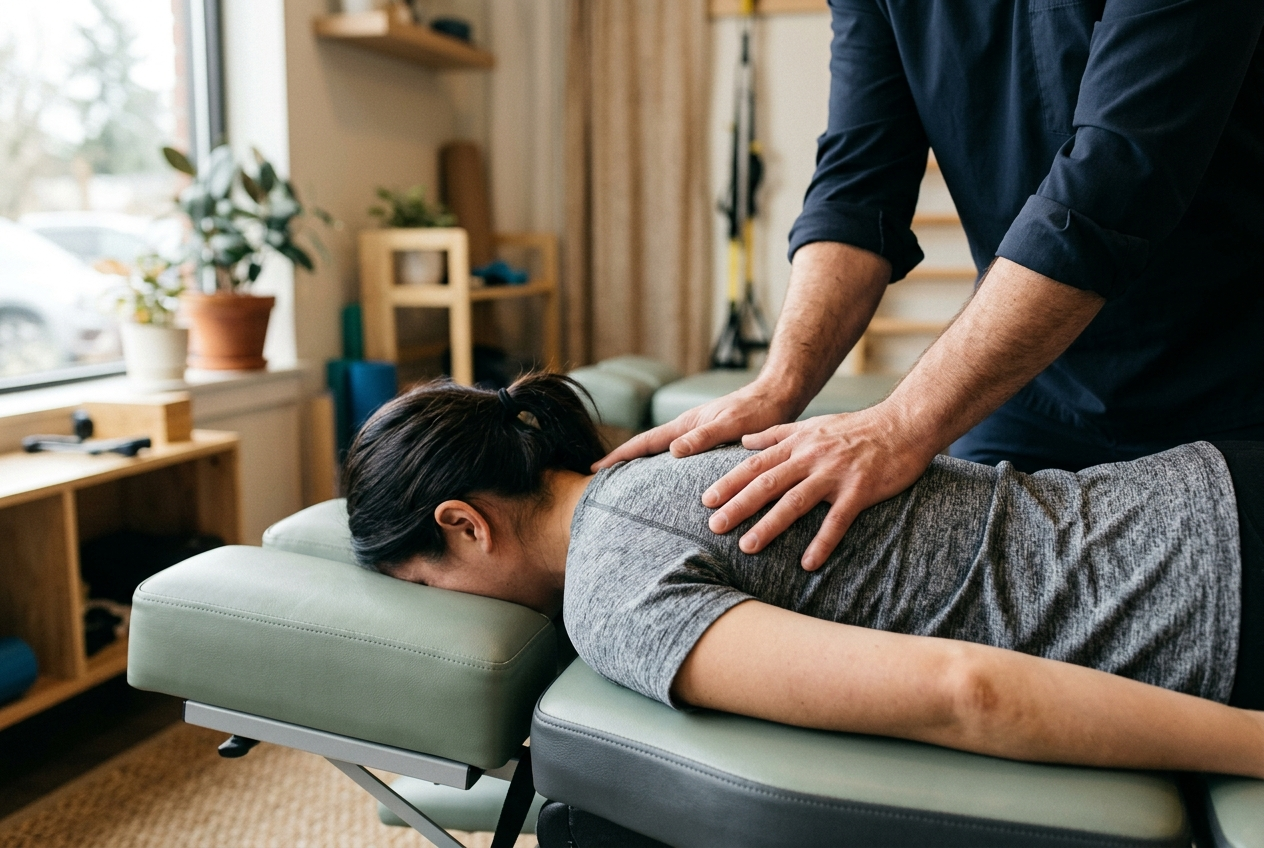 Chiropractic adjustment on a treatment table
